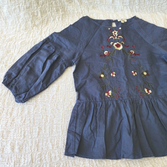 Hidden Alley Embroidered Blouse Sz S Blue‎ Ballon Sleeve Linen Blend Boho Top - Picture 3 of 16